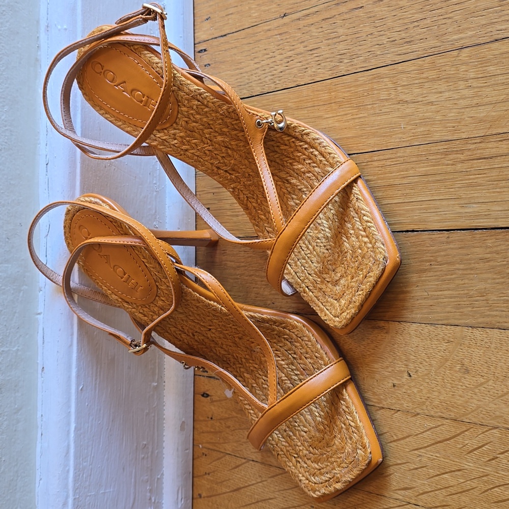 COACH, Jute/Rope, Stiletto, Ankle Strap Sandals, Tan / Orange, VGUC Women's 8.5